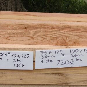 720 kilo Lærketræ Restparti pakke 3,60m 6stk. 100x223 1stk. 75x223 2stk. 75x175 2stk. 100x150