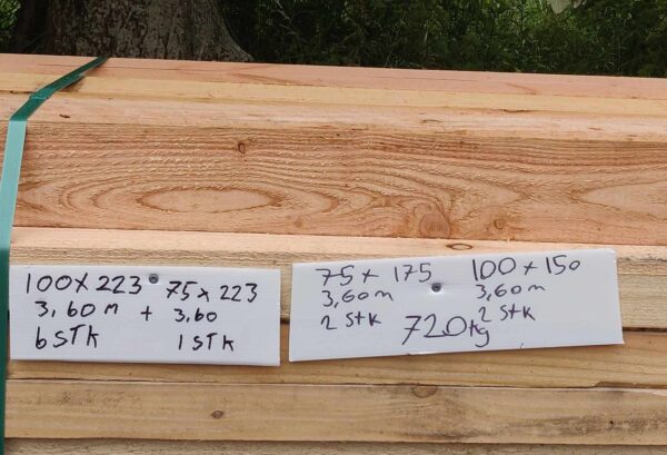 720 kilo Lærketræ Restparti pakke 3,60m 6stk. 100x223 1stk. 75x223 2stk. 75x175 2stk. 100x150